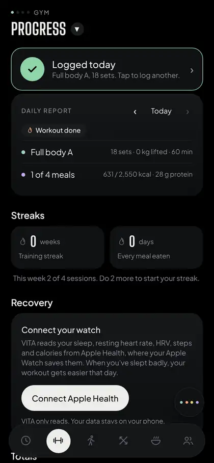 Progress screen with daily report, streaks and recovery